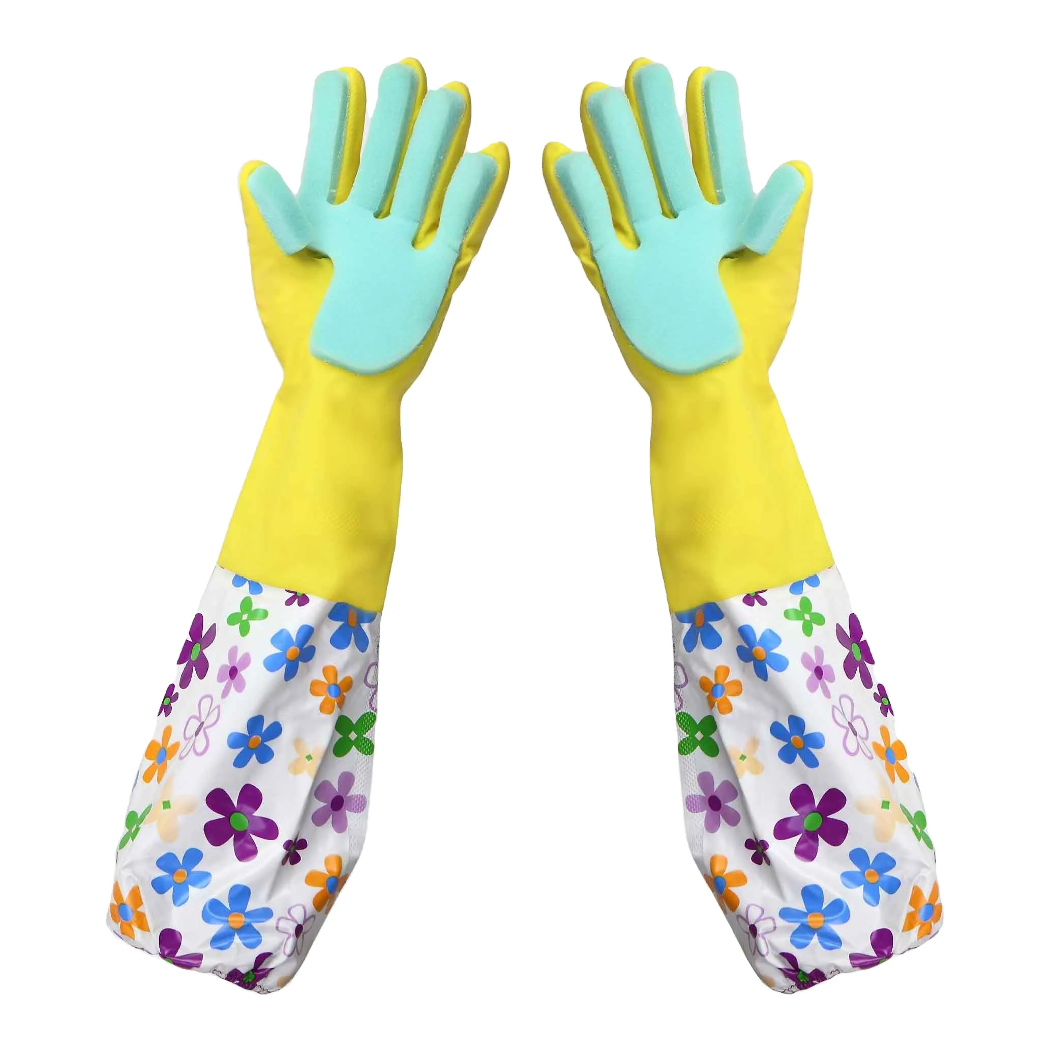 long Silicone rubber Dish Wash Gloves with sponge.