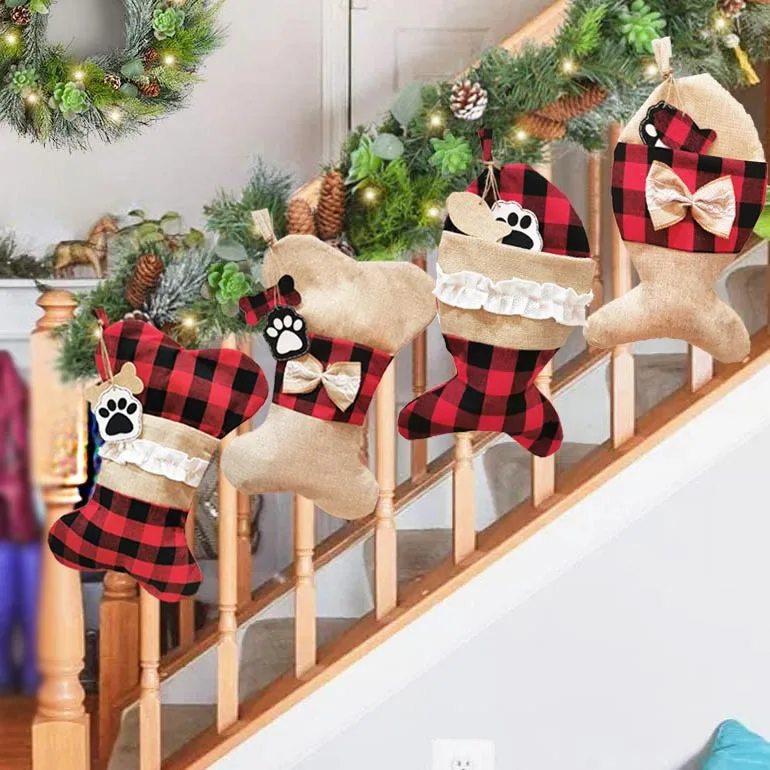 Free Sample Buffalo Plaid Christmas Stockings Large Bone Shape Hanging Pets for Dogs Decorations