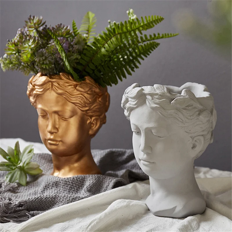 Portrait Retro European Art Vase Cement Head Flower Pot Venus Greek Goddess Statue Vases Minimalist Home Decor