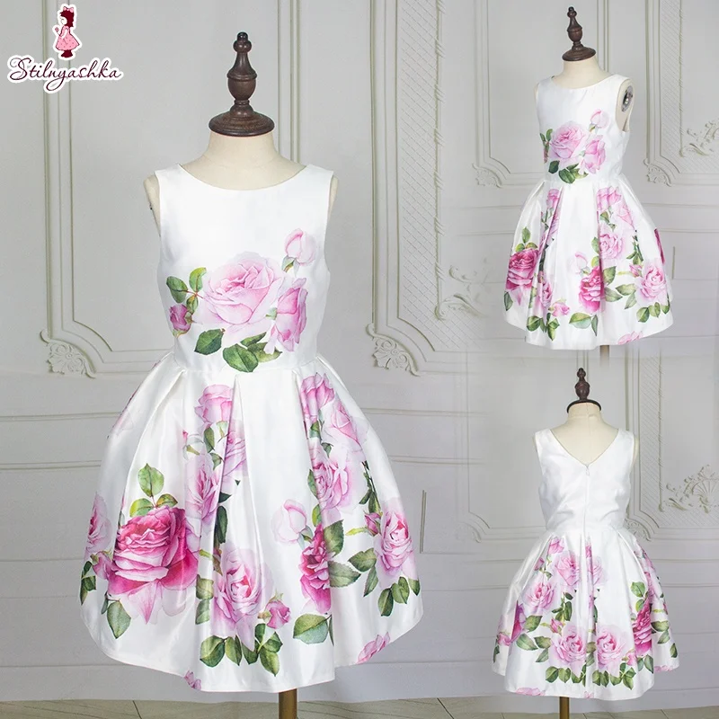 Stilnyashka Wholesale White Rose Print Summer Sleeveless Kids Dresses For Girl