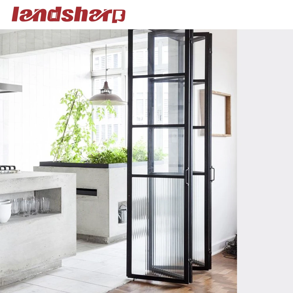Landsharp Latest Design Interior Accordion Ribbed Glass Accordion Aluminium Profile Folding Bifold Patio Doors