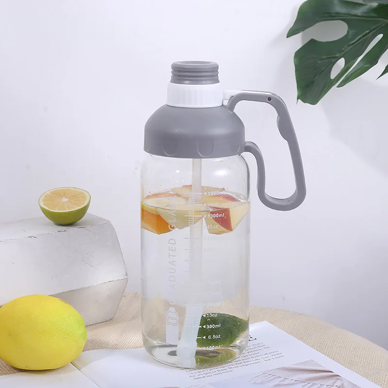 32oz 1L 1.5L Motivational Borosilicate Glass Water Bottle Sports with Handle Straw Measurement Scale for Hot or Cold Beverages