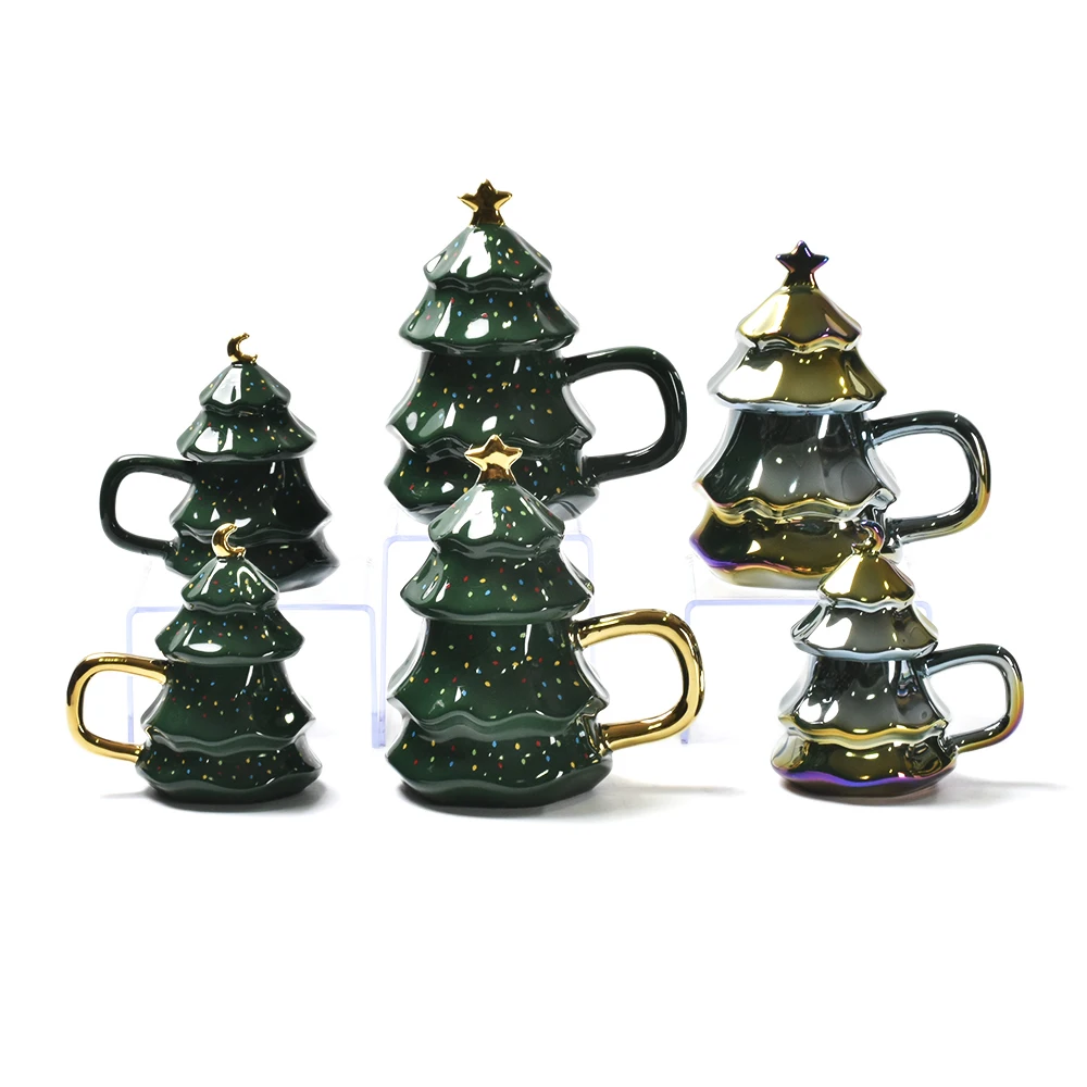 Creative Ceramic Coffee Cup Large Capacity Milk Tea Drinking Cup Christmas Tree Mug with Lid Christmas Gift