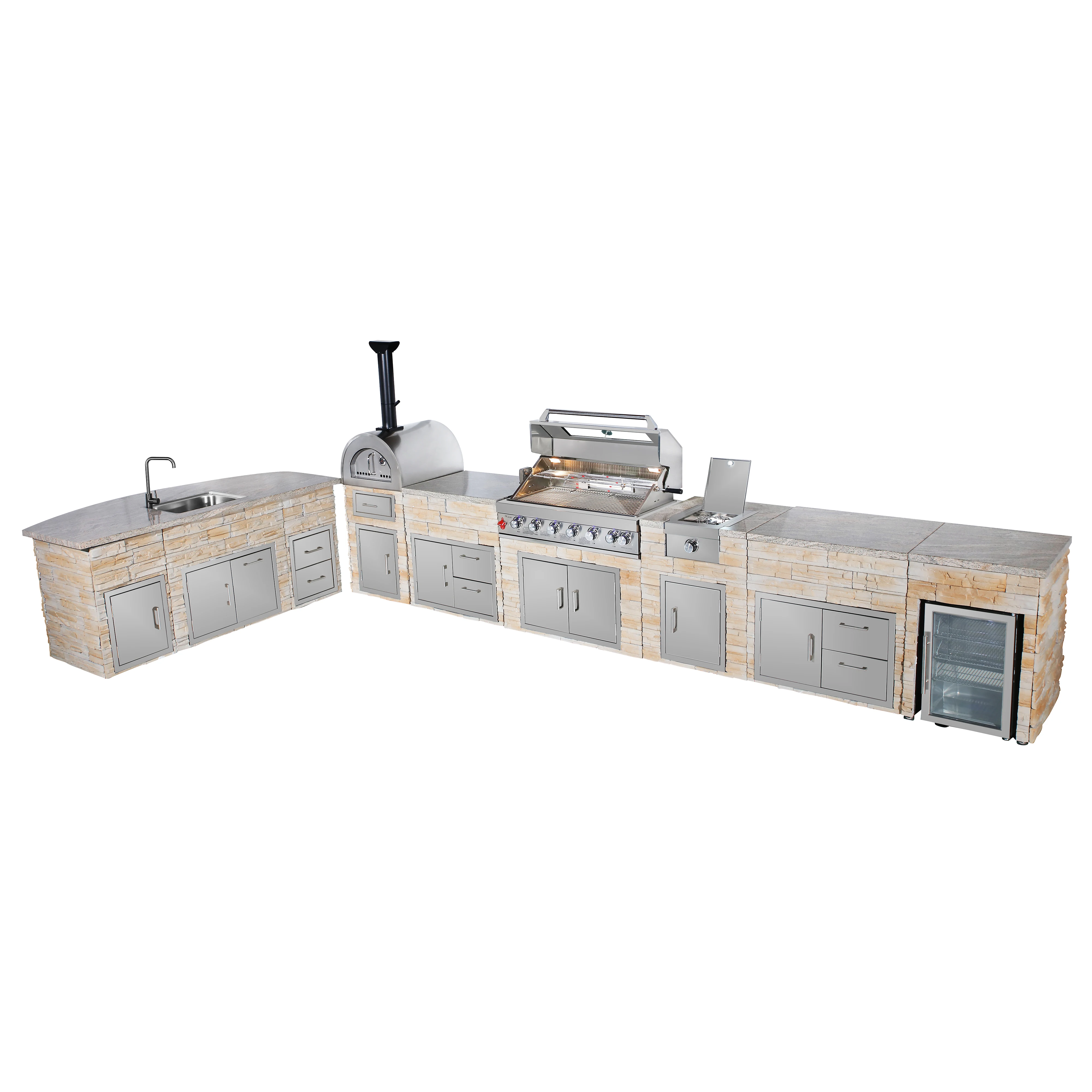 L-Shaped Outdoor BBQ Grill Island Set Including Stone Veneer Grill Kitchen and Bar