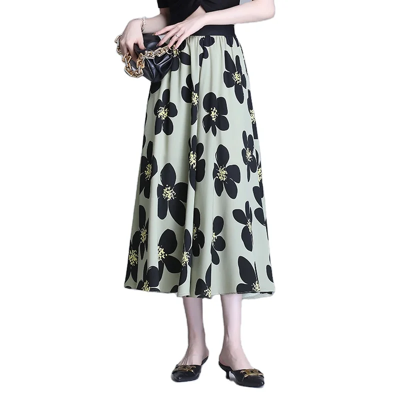 Ice silk print A-line skirt summer new style Korean style high waist draped pleated skirt mid-length skirt