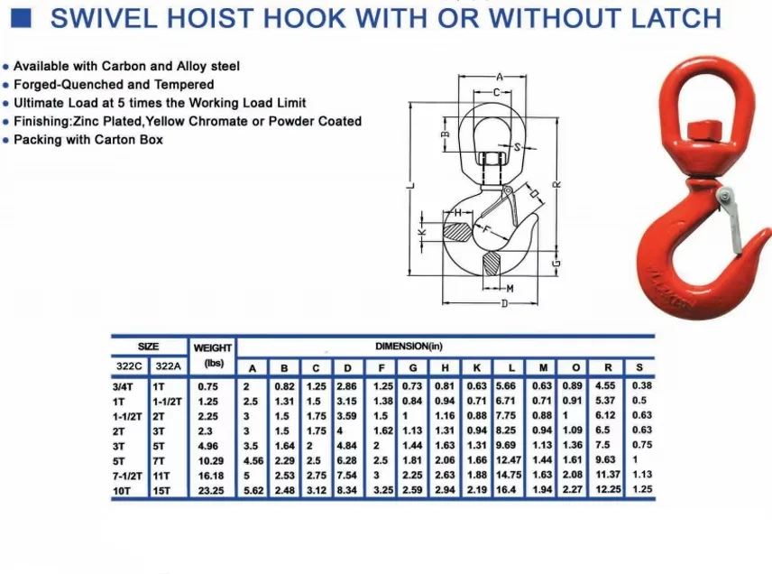 China Factory 304 Stainless Steel Crane Slip Swivel Eye Hoist Hook G70 G43 Alloy Steel 322A 322C with Safety Latch