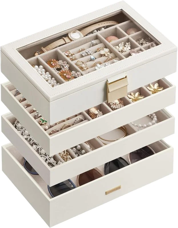 4-tier Drawer Jewelry Trays Stackable Organizer With Glass Lid Removable Dividers For Vanity Table