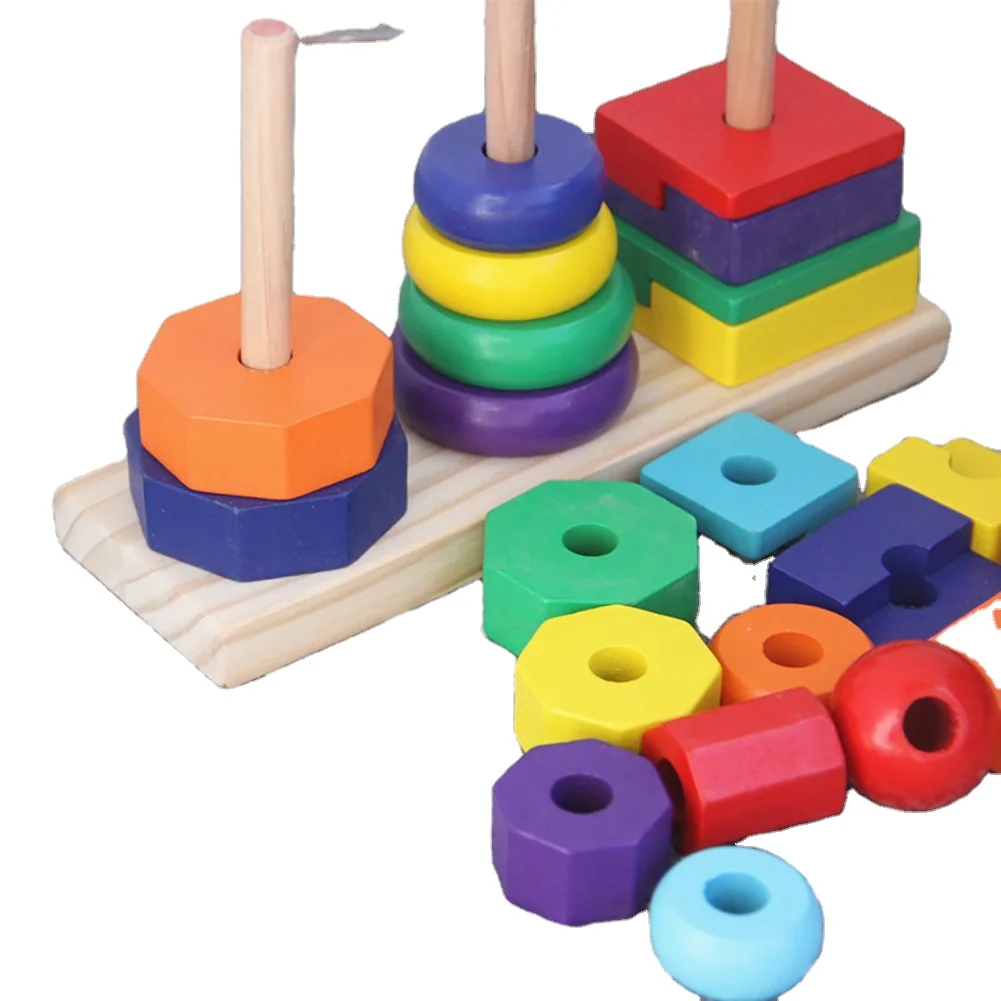 Wholesale Wooden Geometric Shape Stacker Sorting Board Rainbow Tower Small Three Pillars Tower Of Hanoi Puzzle Game For Children
