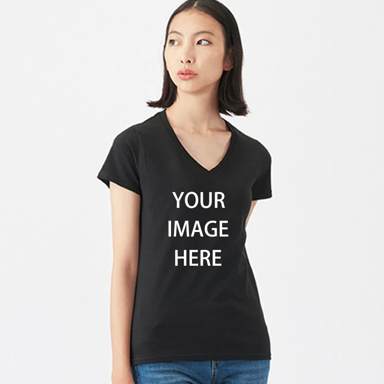 Wholesale 100% cotton fashion v neck logo custom embroidered tshirt women blank plain t shirt printing (1600275472147)