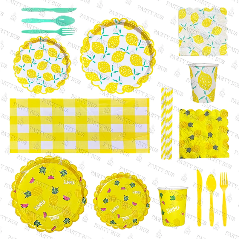 Partybus Lemon Pattern Party Dinner Set Disposable Paper Napkins Plates and Cups Tableware