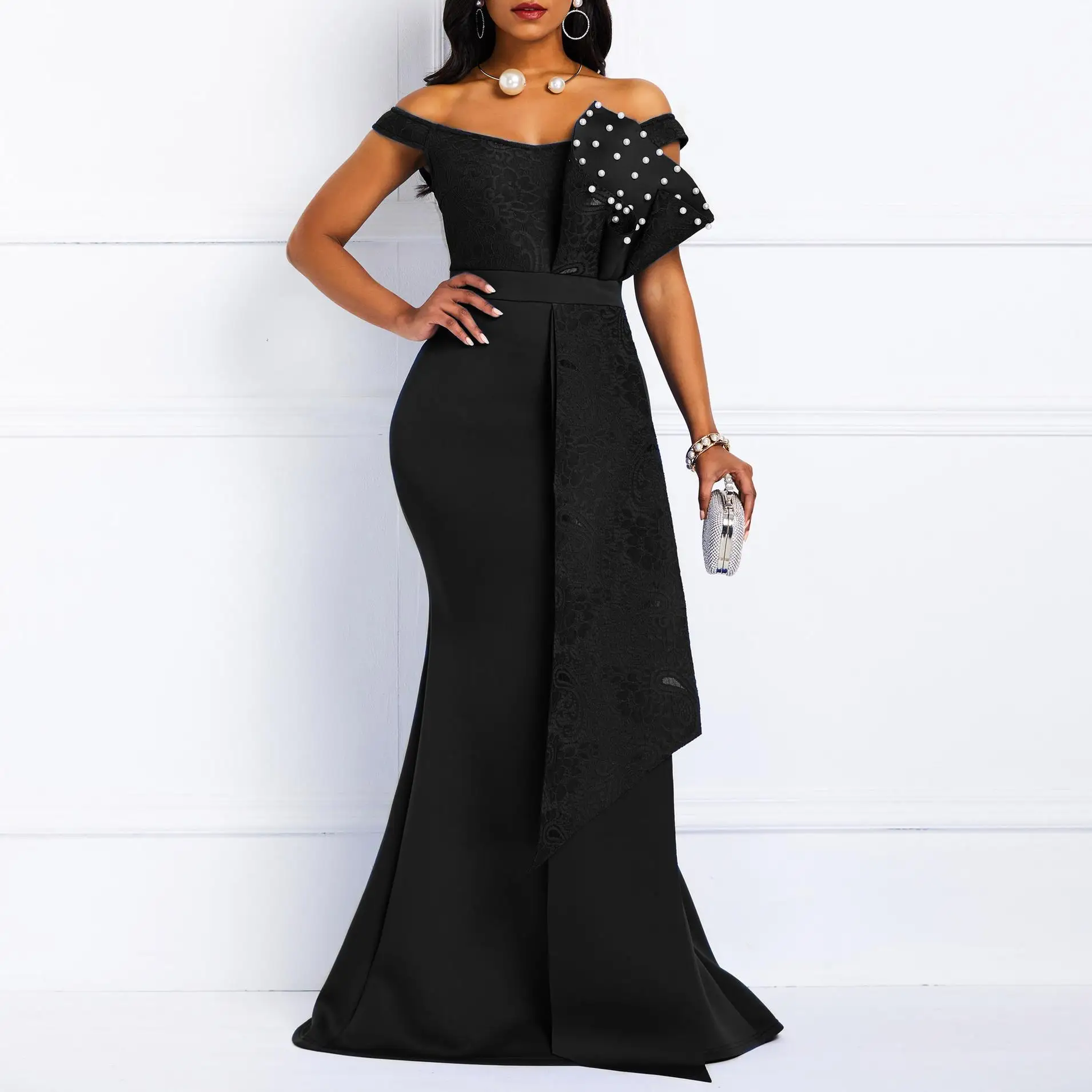 W76098 New Arrival Lace Slash Neck composite Front Handmade Ruffle Nail Beaded Luxury Evening Dresses Party Dress