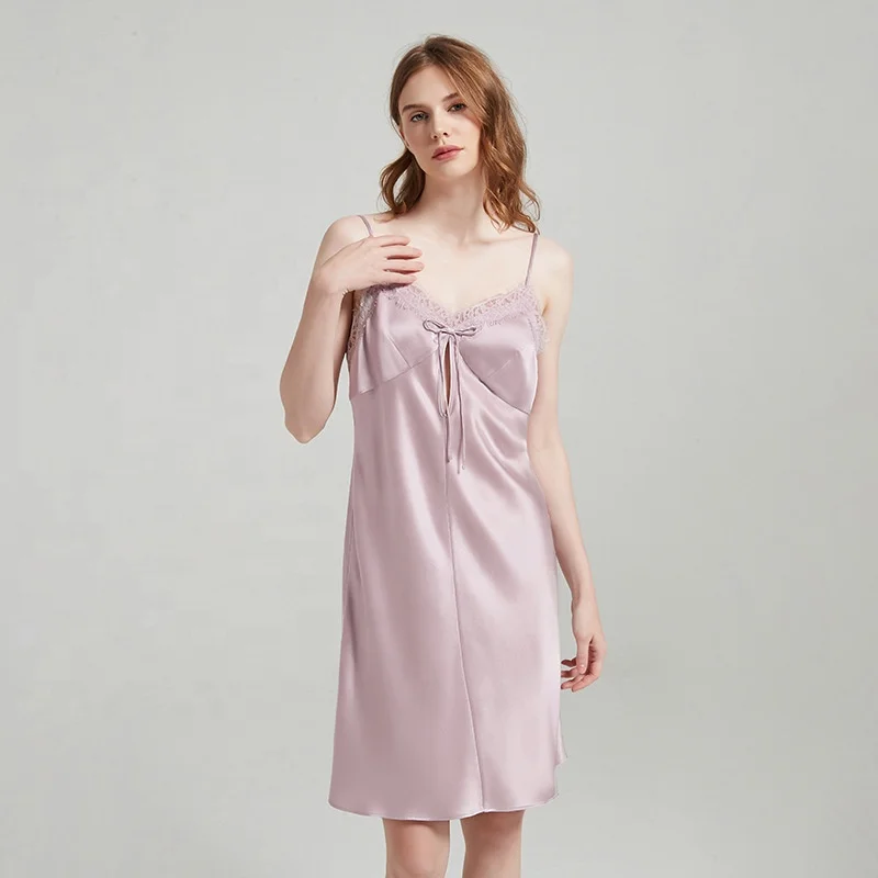 Ladies good looking and healthy Summer silk satin lace slip sleeping dress,nightgown with bowknot decoration adjustable straps