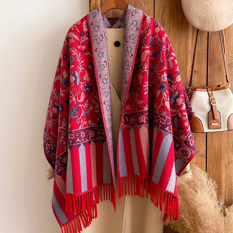 Winter Jacquard Paisley Ethnic Styles Vintage Cashmere Pashmina Long Double Sided Shawl Wrap Tassels Scarf
