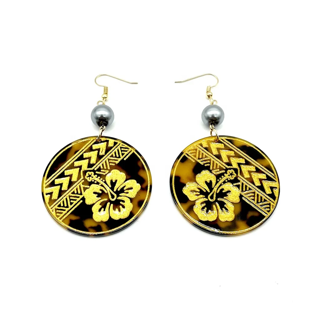 Oceanies Pacific Islander Fashion Jewelry Earrings Acetate Acrylic Earrings with Gold Flowers Tribals Carved Earrings