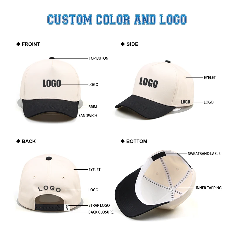 Custom Ball Cap Embroidery 5 Panel Running Two-tone Dad Cap Adjustable Black A Frame Shape Hat