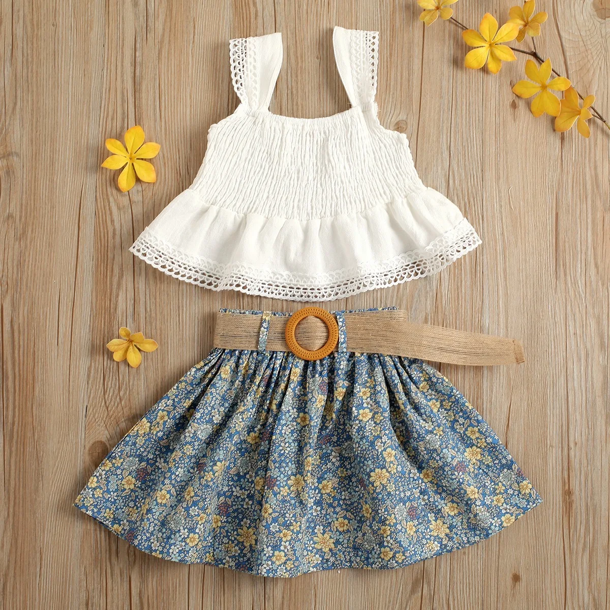 Wholesale Kids Summer Two Pieces Floral  Skirt Sets With Belt