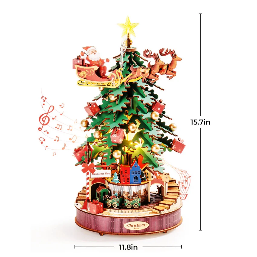 Robotime Rolife 3D Wooden Puzzles AMS01 Christmas Melody Tree Music Box DIY Wood Crafts Christmas Gifts For Kids