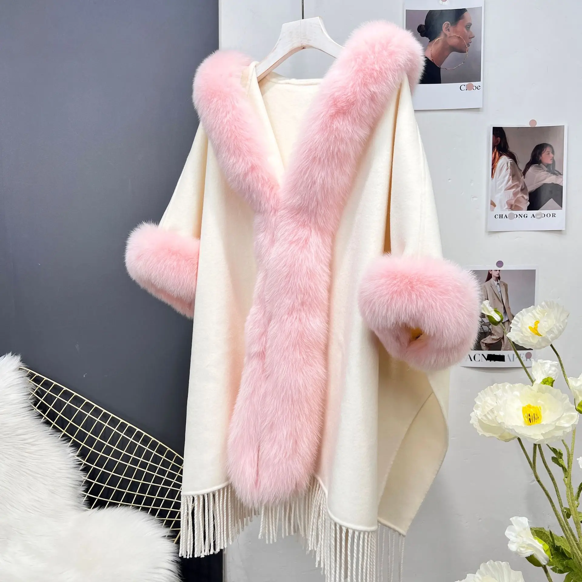 Autumn Winter 2022 new woolen cape cape hem fringe hooded fur coat fox fur front