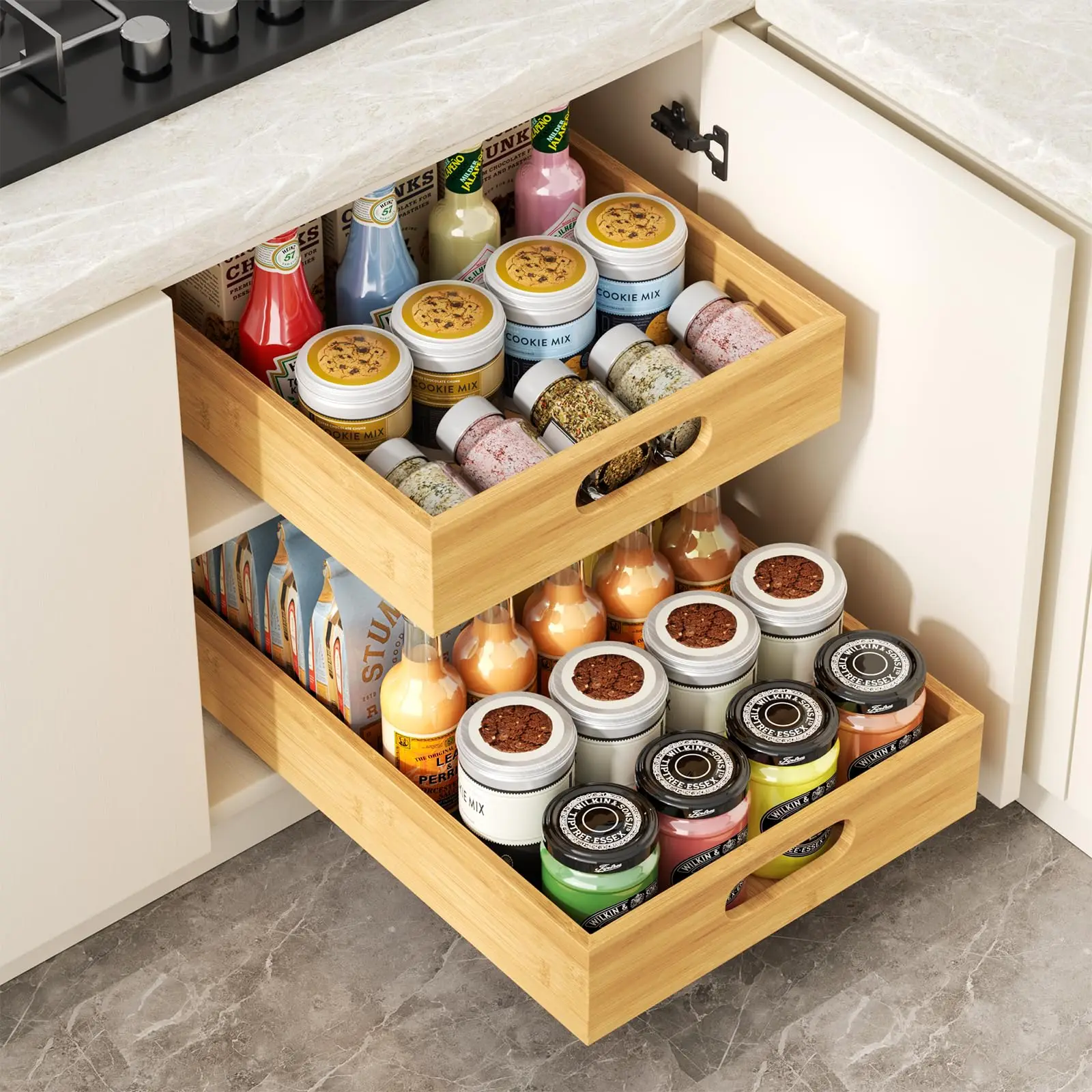 Pull Out Cabinet Organizer, Bamboo Wood Slide Out Drawers for Kitchen Cabinets, Adhesive Nano Film Shelves Drawers for Home