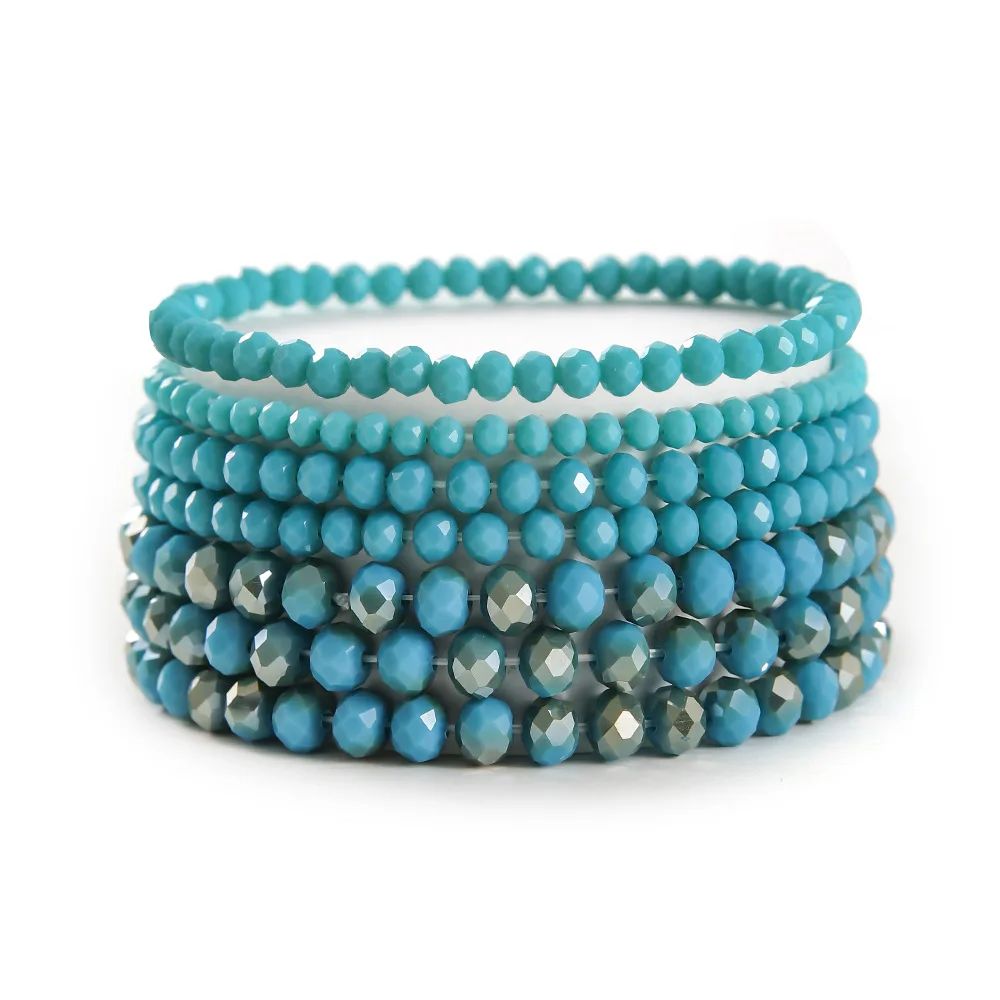 7pieces Per Set Different Size Crystal Beads Faceted Glass Beaded Same Color tone Stretch Bracelets Set