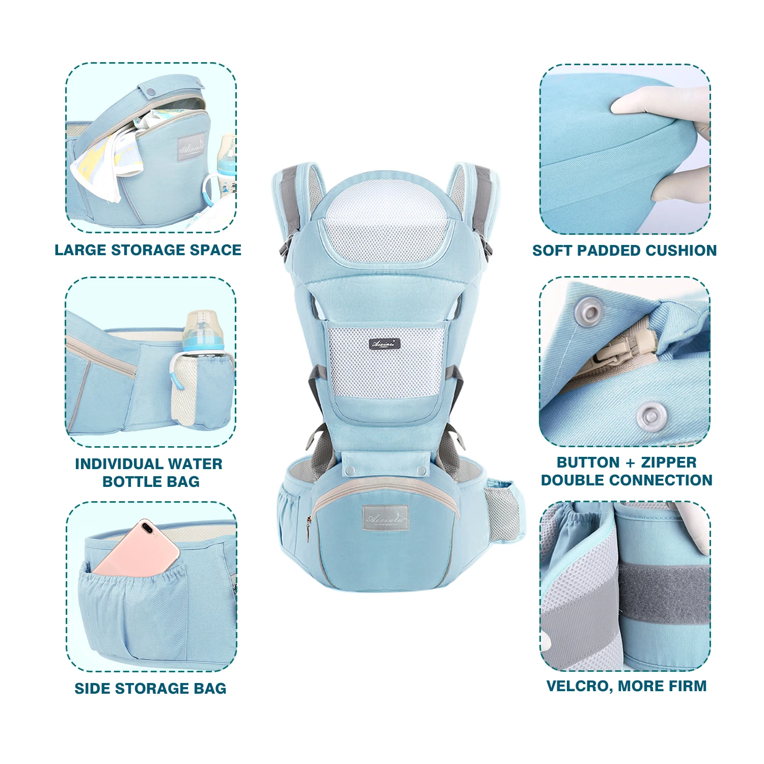 Wholesale Storage Pocket and Drool Bibs 6-in-1 Baby Carrier with Waist Stool for Mommy Daddy
