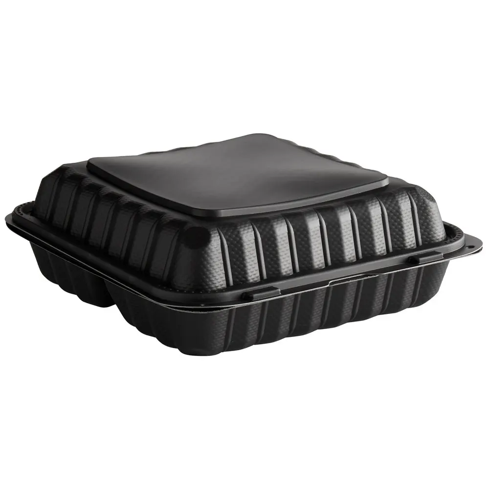3-Compartment Microwaveable Black Mineral-Filled Plastic Hinged Take-Out Container