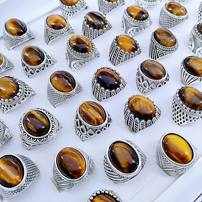 2024 Handmade Natural Crystal Tiger Eye Stone Silver String Ring for Gift and Jewelry use