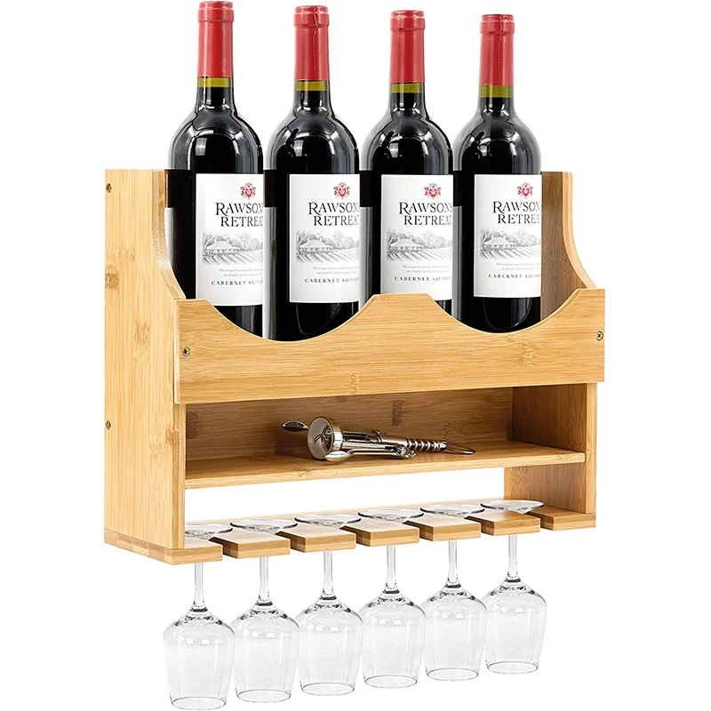 Hanging Bottle Storage Rack Wall Mounted Solid Bamboo Wine Rack with Glass Holder for Home Dining Furniture