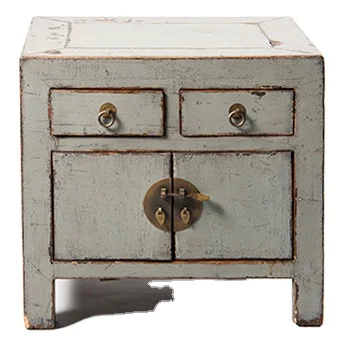 Antique bedroom grey painted wooden distressed bedside drawer cabinet