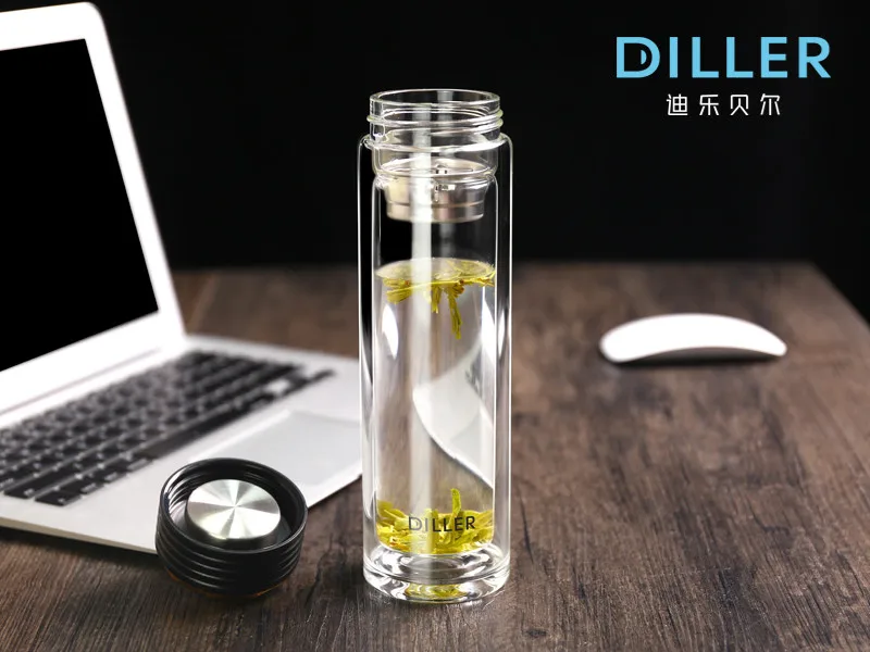 Drinking Bottle Wholesale Double Wall Borosilicate Glass Water Bottle  with Tea Infuser