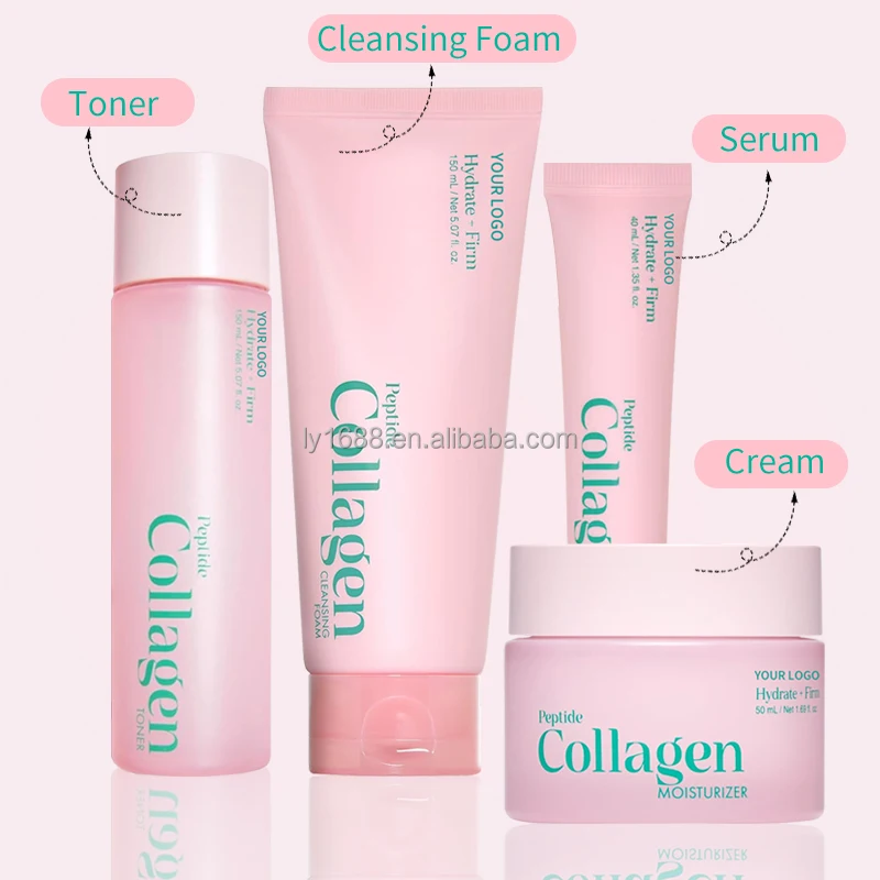 Private Label Peptide Collagen Facial Brightening Cleanser Toner Serum Cream Korean Beauty 4pcs Skin Care Set for Women