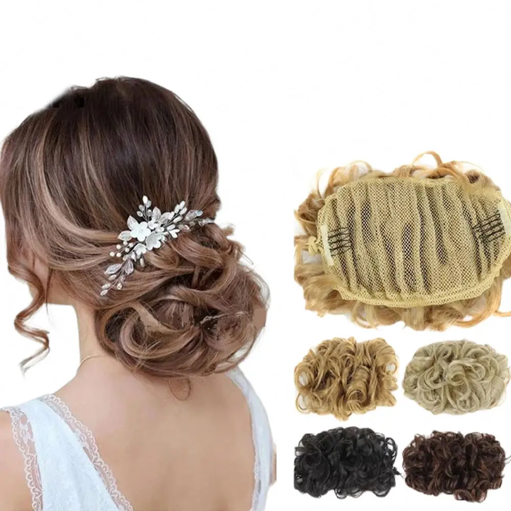WE15 Bride Messy Big Hair Bun Curly Chignon Drawstring Ponytails Extension Synthetic Natural Rubber Band Support 5pcs