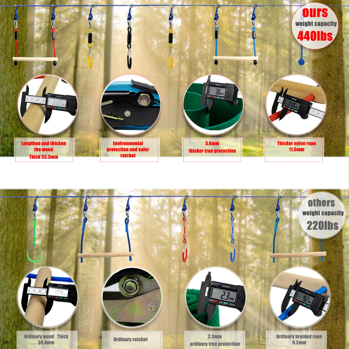 Gentle Booms Sports 36ft 40ft 45ft 50ft 56ft Slackline Monkey Bar Kit Ninja  Slackline Line Obstacles for Kids