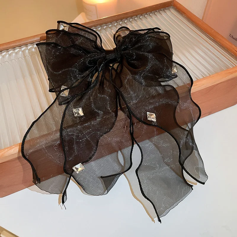 Newest Design Fashion Mesh Large Bow Diamond Ribbon Metal Word Clip Back Head Spring Hair Claw Clips For Women