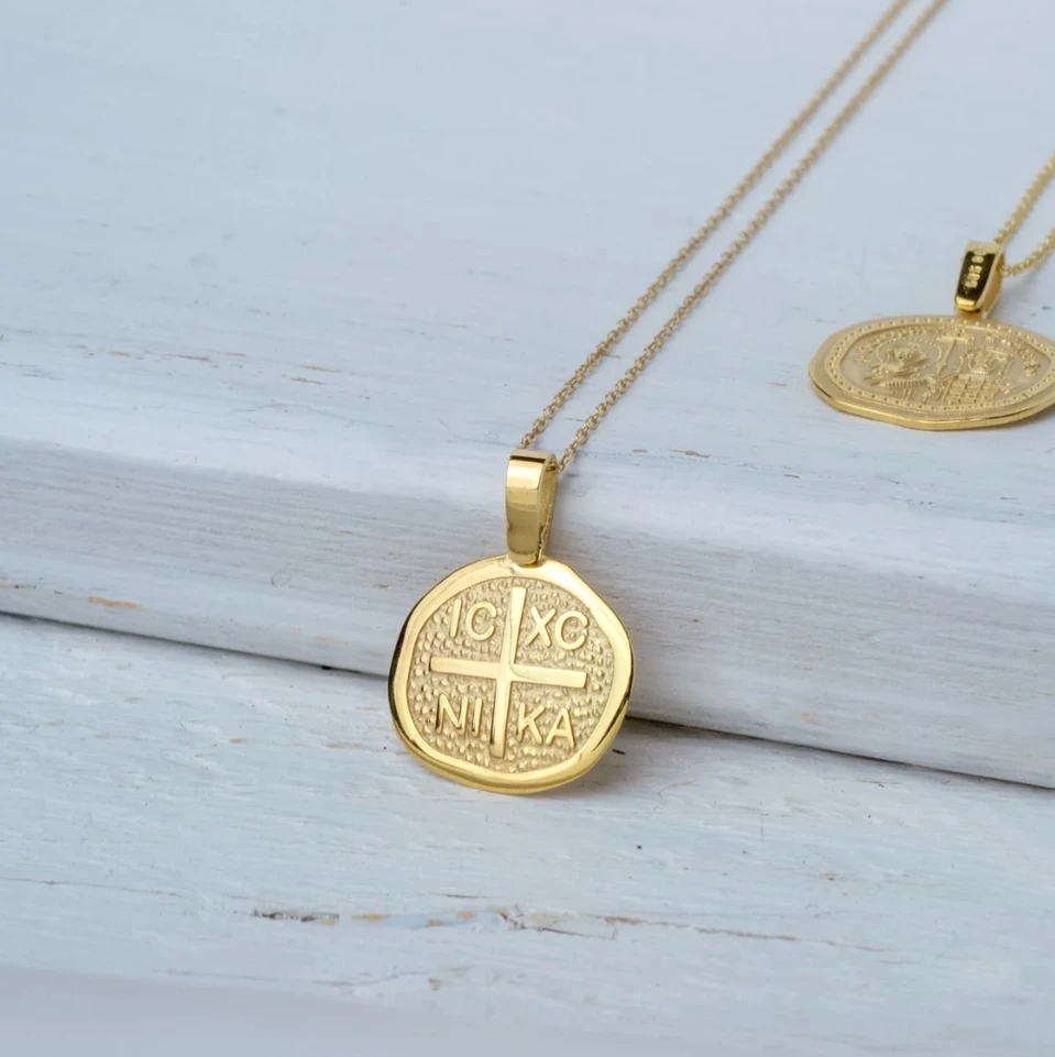 New Design Stainles Steel 18k Gold Plated Constantine Coin Pendant Modern Byzantine Cross Icxc Nika Necklace