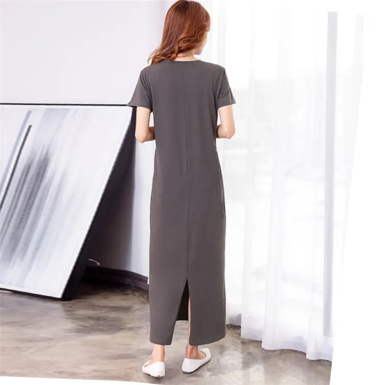Factory  OEM Korean Summer Cotton Long T-Shirts Dress Casual Blank Soft Shirt Sleeve Baggy Split Maxi T Shirt Dresses For Women
