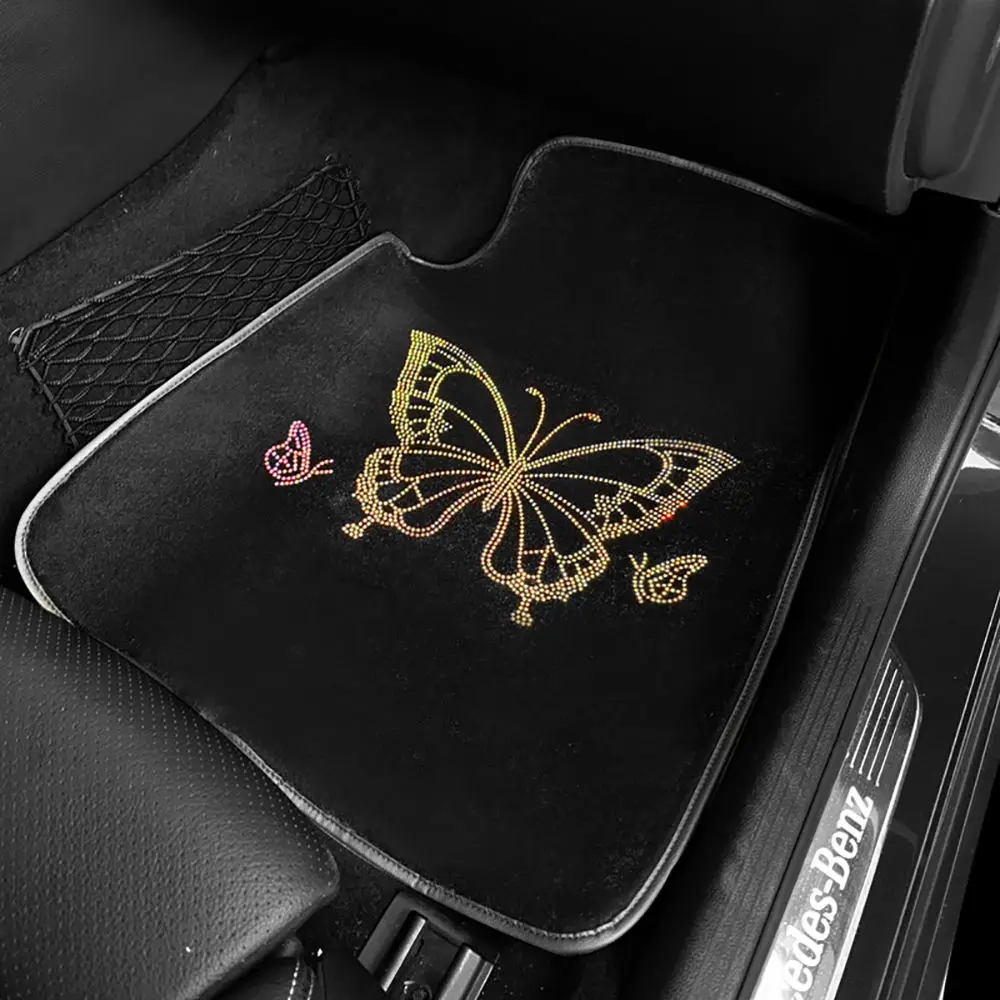 5 PCS Car Floor Mat Leather Bling Butterfly Car Interior Non-slip Floor Cushion Front Rear Carpet for Universal Car