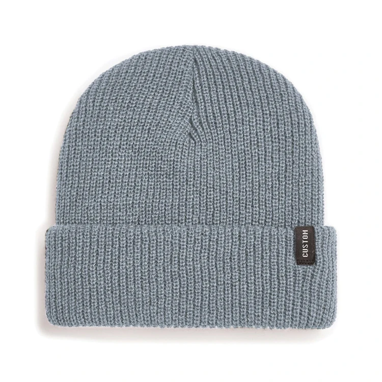 Wholesale Custom Beanie Woven Label 100% Acrylic Light Heather Grey Knitted Beanie Winter Hat For Men