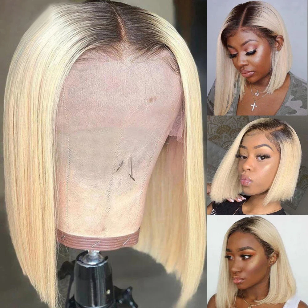 Lace Front Hummenhair Wig Straight Remy 1B/613 Colored Human Hair Bob Wigs Deep Part Swiss Lace Wig 150% Ombre Blonde 1 Piece