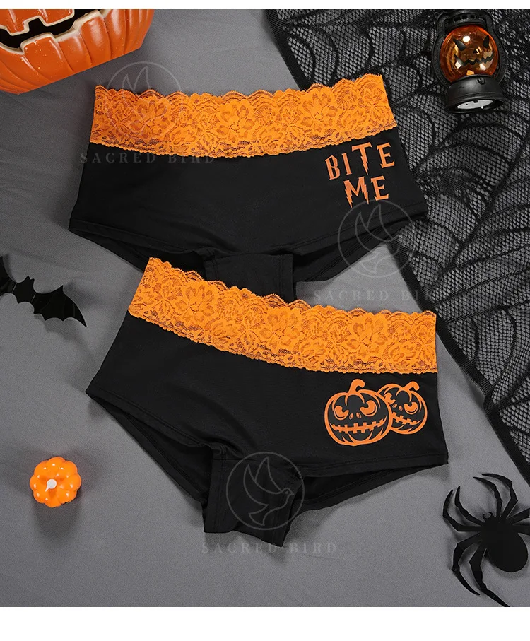 Sexy lace waist edge splicing seamless ice silk girls panties Halloween printing large size anti-glare boxer shorts