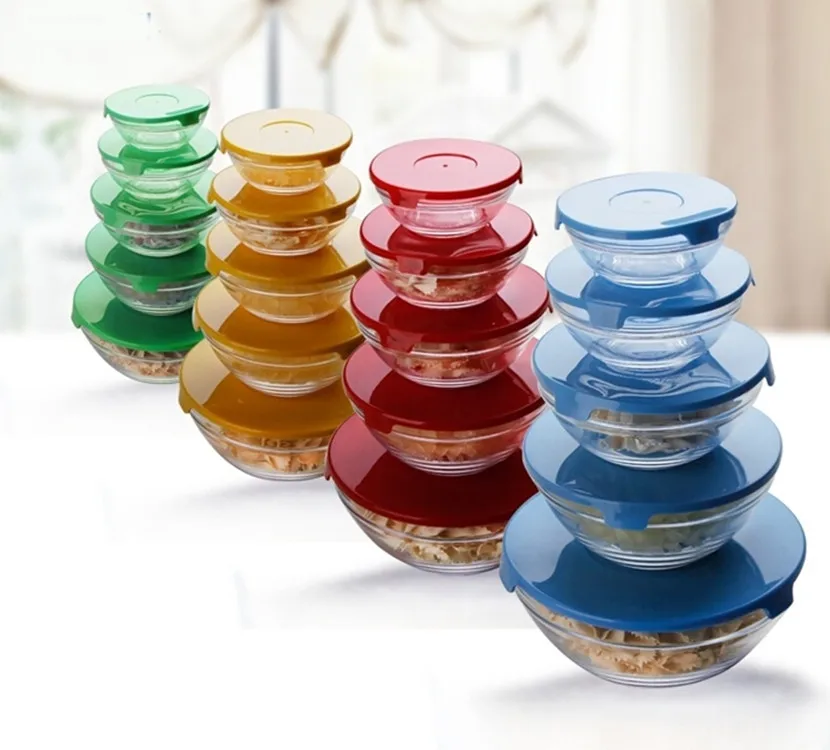  5pcs Hot Sale eco friendly Round Home Clear Heat Resistant With Lid Fruit Salad Food Glass Bowl