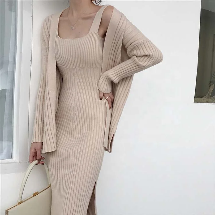 Spring Knitted Cardigans Spaghetti Strap Sweater Dress For Women 2 Piece Set Clothing