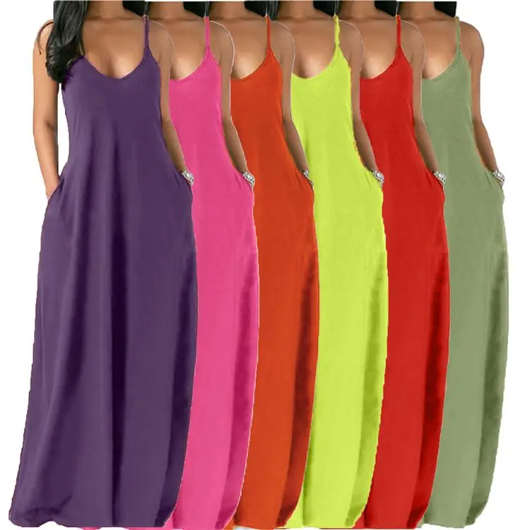 Hot sell fashionable Casual Maxi  V Neck Suspender Strap Loose Pockets Ladies Solid Color sleeveless Long Dress