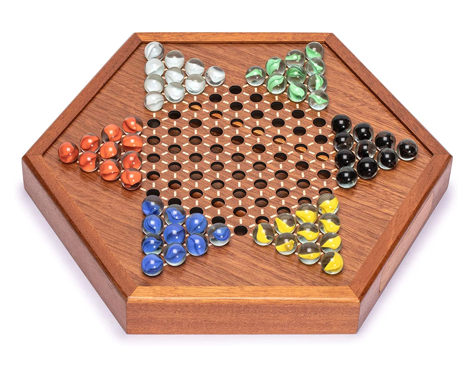 Yellow Mountain Imports Wooden Chinese Checkers Halma Board Game Set - 12.7 Inches - with Drawers and Colorful Glass Marbles