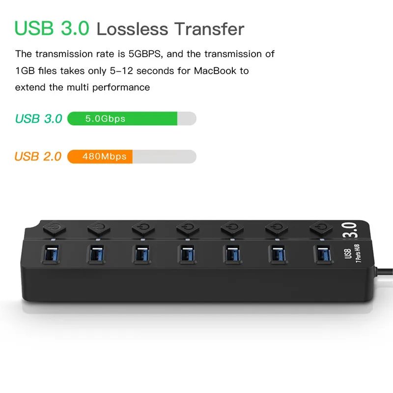 high speed Usb 3.0 Splitter Multiport Adapter 7 Ports Usb Hub With Power Adapter For Laptop Computer
