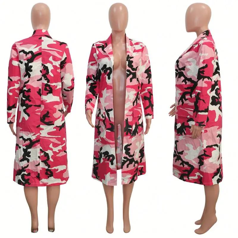 2023 women winter coat streetwear fashion long trench outerwear long trendy camo trench  jacket