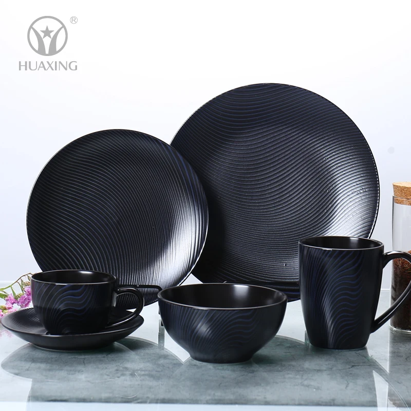 wholesale modern ceramics porcelain black embossed design royal black crockery ceramic dinnerware sets