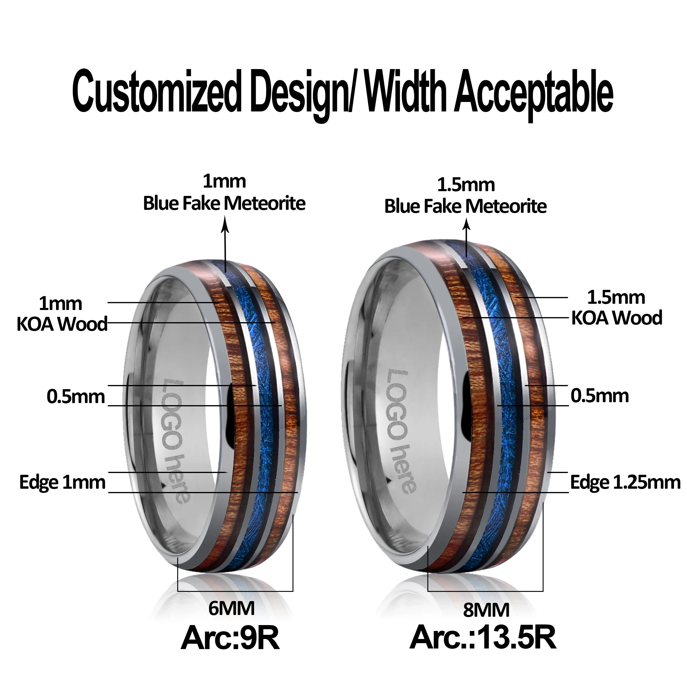 Hawaiian Custom Wood and Blue Meteorite Inlay Tungsten Rings