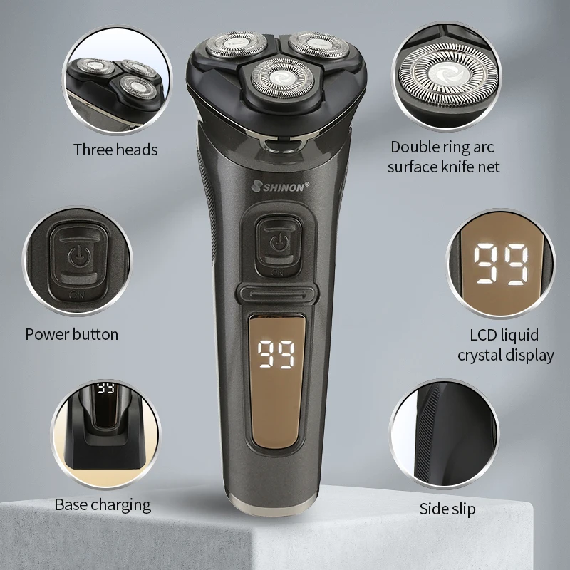 SHINON SH7058 IPX7 Electric Shaver For Men 3 Cutter Floating Head Waterproof Electric Razor With Charge Dock
