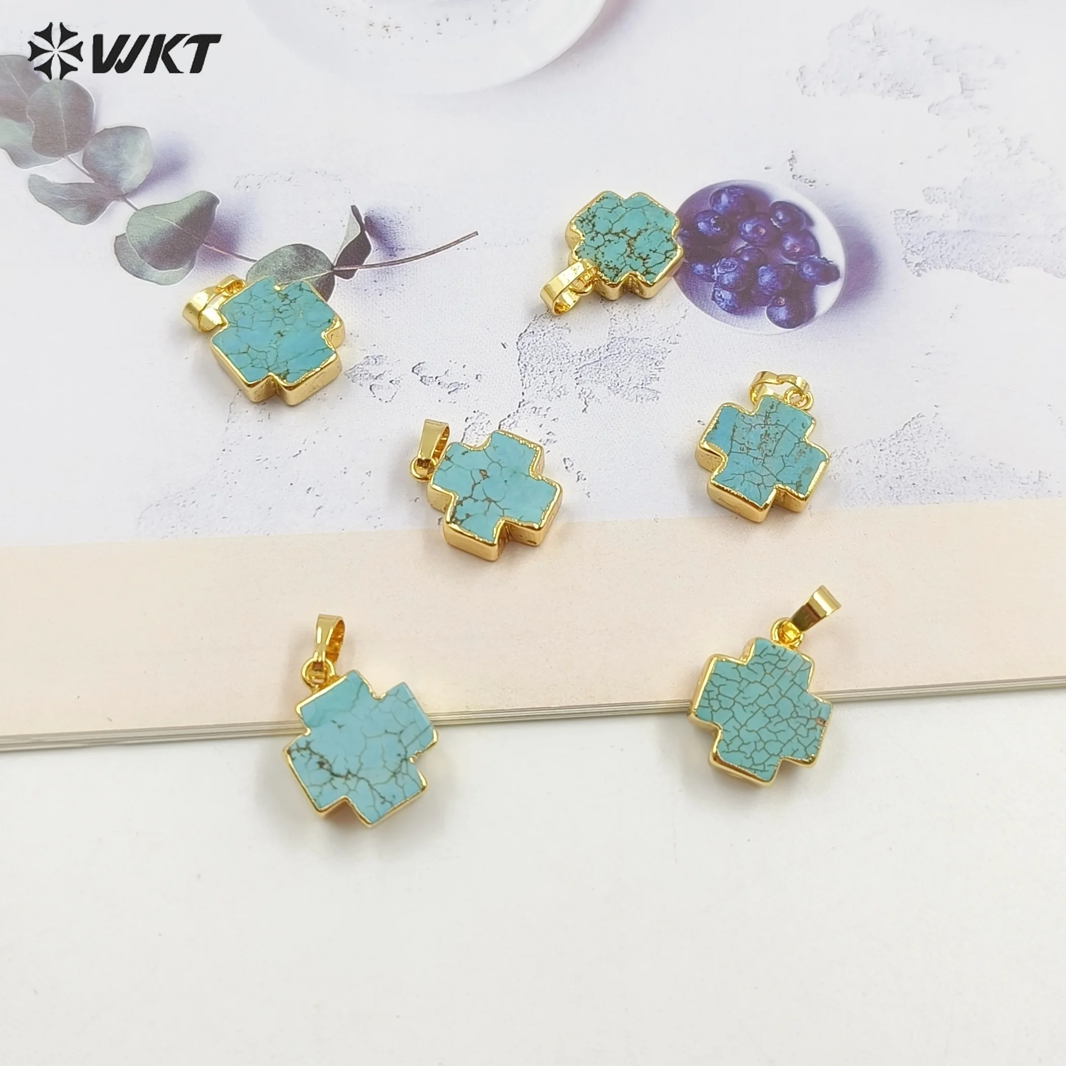 WT-P952 Vintage 18K Real Gold Plated Natural Turquoise Made Cross Pendant Bohemian Green Stone Jewelry Charms For Necklace